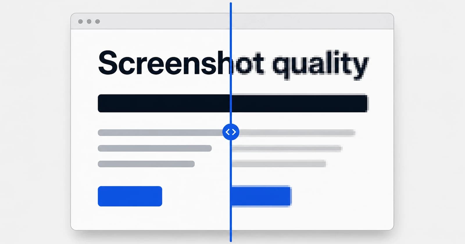 A browser window split by a blue comparison slider: on the left the heading Screenshot quality and the page layout are crisp, on the right the same page is pixelated and blurred like an enlarged low-resolution screenshot