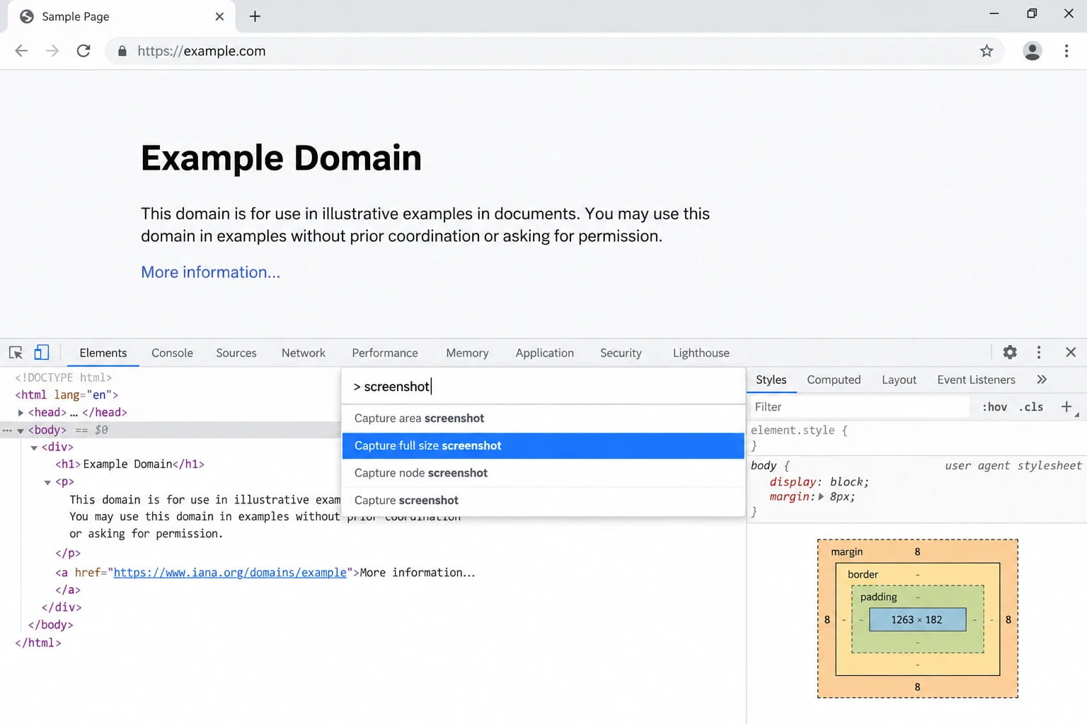 Chrome DevTools docked under a webpage, with the Command Menu open, screenshot typed after the > prompt, and Capture full size screenshot highlighted among four screenshot commands