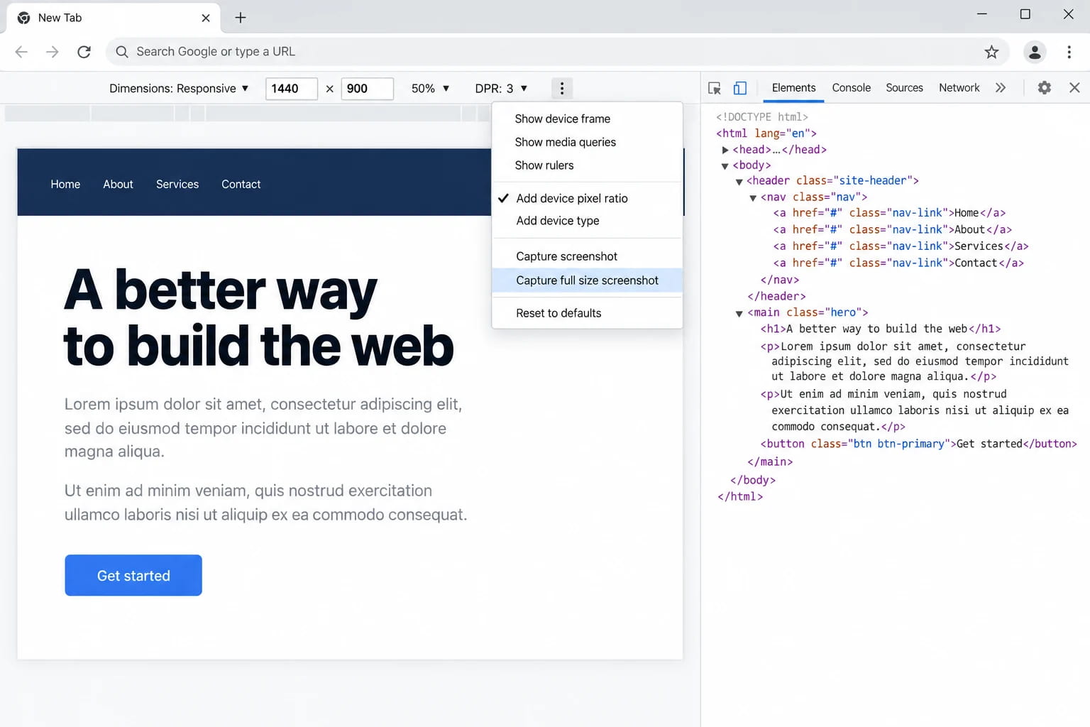 Chrome DevTools device toolbar in Responsive mode at 1440 px wide, with the three-dot menu open on Add device pixel ratio and the DPR dropdown set to 3