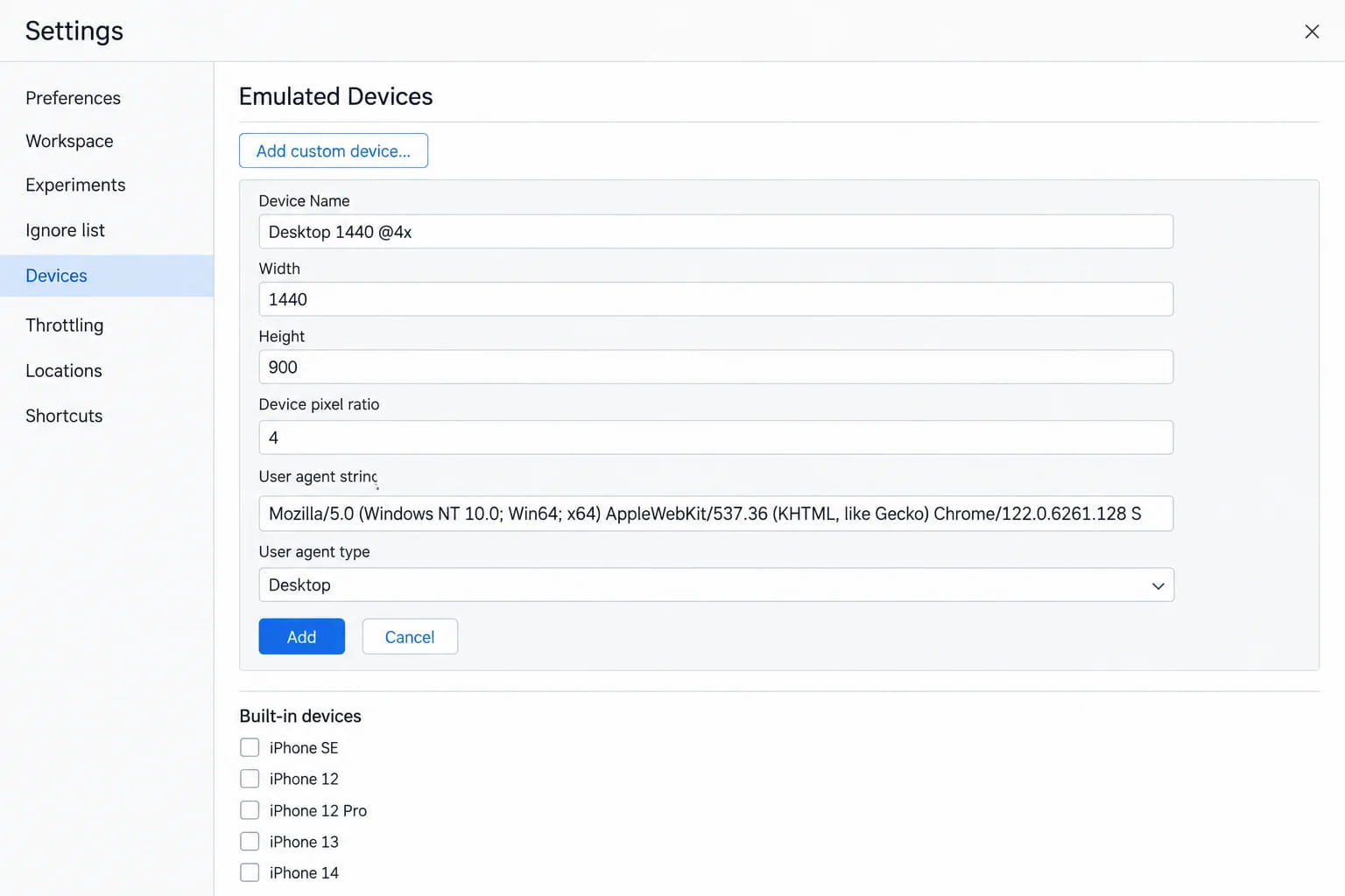 Chrome DevTools Settings, Devices tab, Add custom device form filled in with a width of 1440, a height of 900 and a device pixel ratio of 4