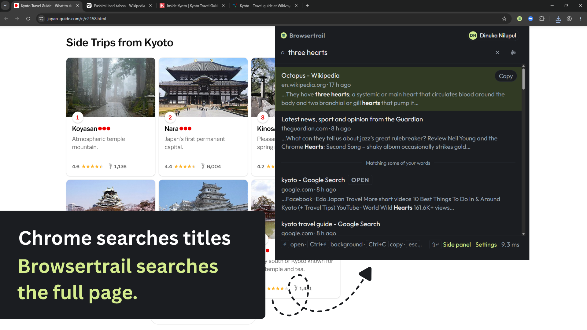 The Browsertrail command palette open over a travel guide page, with the query "three hearts" typed and ranked results showing the sentence each match came from