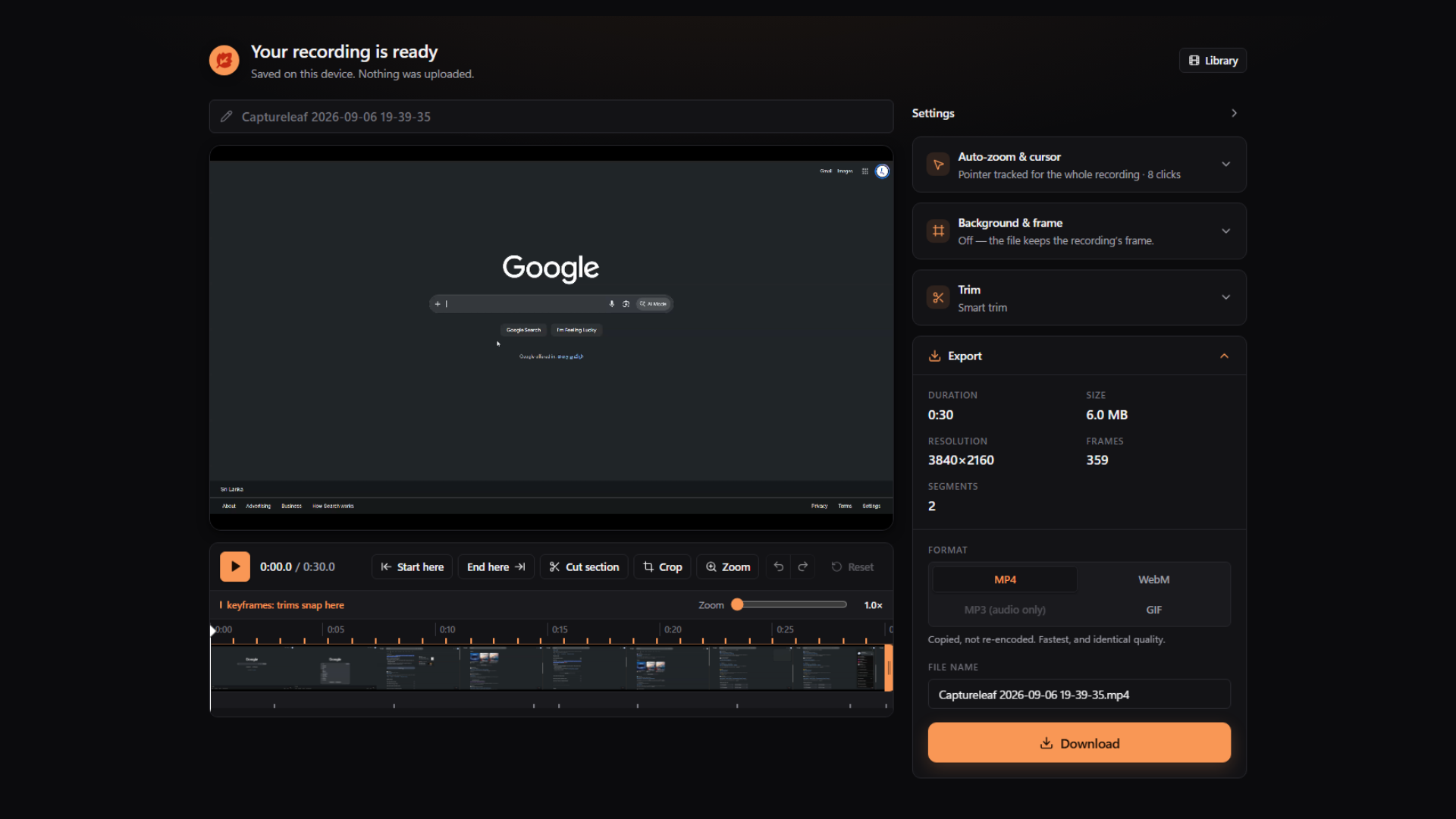 The Captureleaf result page: the finished recording above a keyframed trim timeline, with the Export panel open on its duration, size, resolution, format and Download button