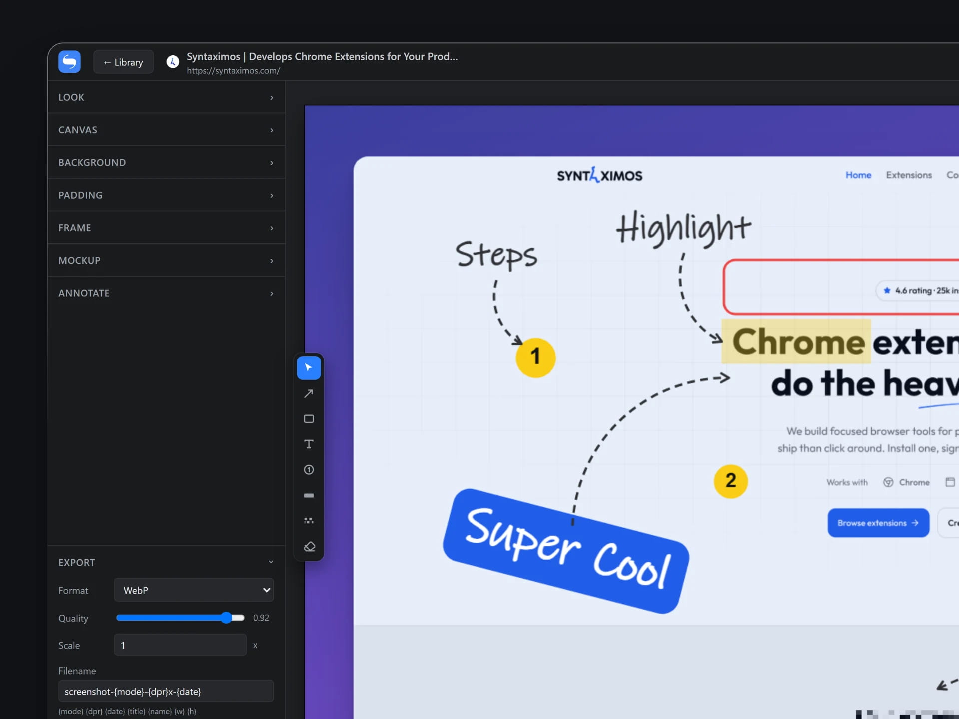 The editor with look, canvas, background, padding, frame, mockup and annotate panels open beside an annotated screenshot